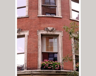 Window photography, pink flower box print 20x30, burnt orange rustic wall art, New York architecture, tall wall decor, red brick building