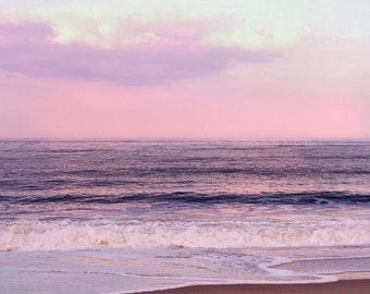 Pink purple beach photography, ocean art print, lavender pink coastal wall art, pink mint sunset sky, fine art photograph, seascape picture