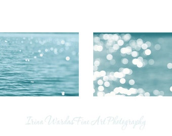 Nautical decor beach abstract light photography set of 2, bokeh sparkles, ocean sea photography, sparkle water ripples, teal bathroom art