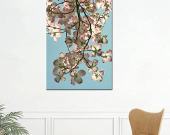 Tall canvas wall art, extra large vertical decor, Dogwood flowers tree floral branch, ivory blue pink bedroom entryway staircase panoramic