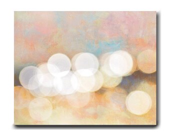 Large abstract print or large abstract canvas, oversize wall art, orange pink yellow colorful bokeh lights circles, modern wall art decor