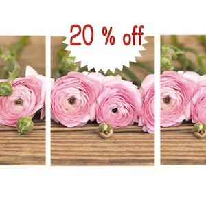 Modern farmhouse 3 piece floral wall art set of 3 prints, rustic bathroom bedroom decor, brown pink ranunculus split photos, black & white
