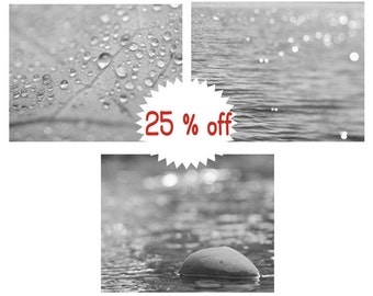 Modern bath art grey photography set of 3, black and white wall art set, water drops light abstract pictures, bathroom spa room wall decor