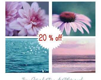 Teal and pink flower & beach photography, teal and purple floral and ocean gallery wall set of 4 prints, bathroom bedroom powder room decor