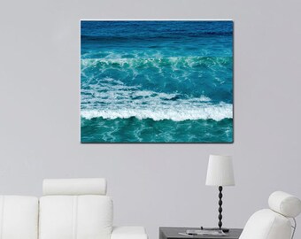 Beach decor modern print or ocean abstract canvas, extra large wall art, navy blue teal nautical print, sea wall decor, aerial, horizontal