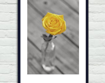 Yellow and gray bathroom wall decor, floral still life large photography, cottage chic wall picture, yellow rose flower photo vertical print