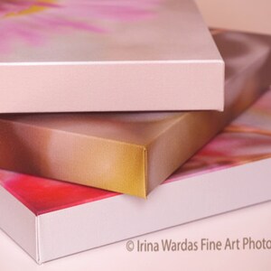 Może przedstawiać: Trzy pł&oacute;tna ułożone jedno na drugim. G&oacute;rne pł&oacute;tno jest r&oacute;żowe, środkowe pł&oacute;tno jest brązowe, a dolne pł&oacute;tno jest białe. Pł&oacute;tna są wszystkie owinięte wok&oacute;ł drewnianych ram.