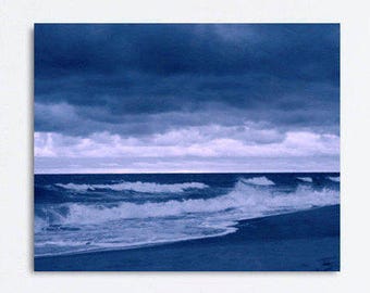 Beach canvas or photography print, dark navy blue wall art, ocean wavs, blue and white coastal wall art, nautical decor large wall artwork