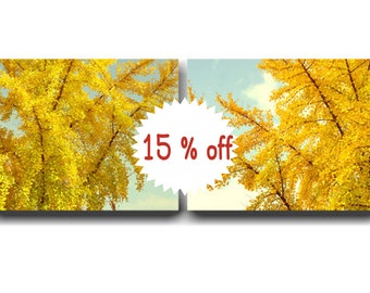 Ginkgo tree wall art set of 2 canvas wraps or photo prints, tree branch gold yellow leaves Autumn nature wall art, aqua yellow home decor