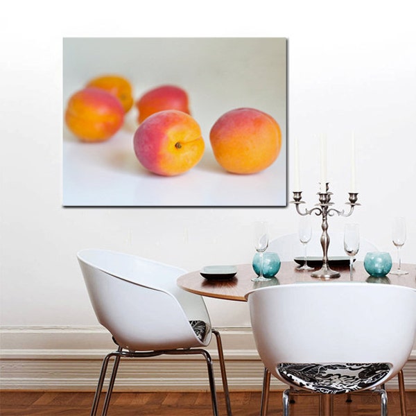 Large kitchen decor, dining room wall art, fruit photo print or canvaswrap, kitchen decor , colorful food art, red yellow apricots on white