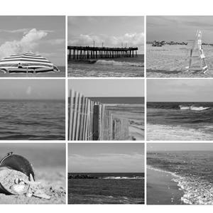 Black and white beach photography, gallery wall set, ocean beach pictures, coastal prints set of 9 gallery wall prints, dark grey wall decor