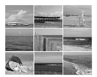 Black and white beach photography, gallery wall set, ocean beach pictures, coastal prints set of 9 gallery wall prints, dark grey wall decor