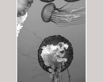 Beach bathroom decor, black and white jellyfish photography print, laundry wall art, ocean underwater wall picture, large vertical artwork