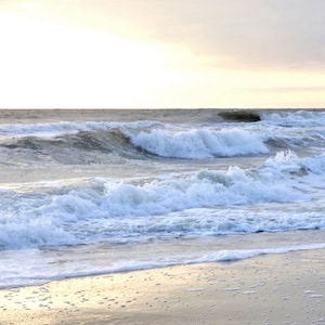 Large coastal wall art, ocean photography, nature beach landscape, ocean beach sunset photo print, yellow light blue silver grey wall decor
