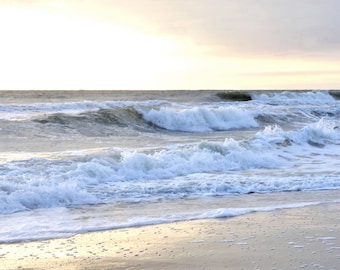 Large coastal wall art, ocean photography, nature beach landscape, ocean beach sunset photo print, yellow light blue silver grey wall decor