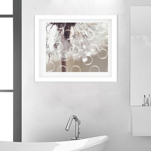 Neutral bathroom wall art, dandelion bubble photography print or canvas, kids bathroom nursery decor, large abstract art, beige tan brown image 2