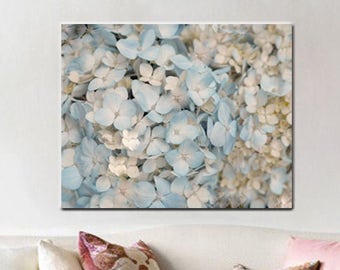 Hydrangea canvas wall art, pale blue wall art pastel floral canvas gallery wrap oversized artwork, shabby chic cottage canvas art, ivory tan