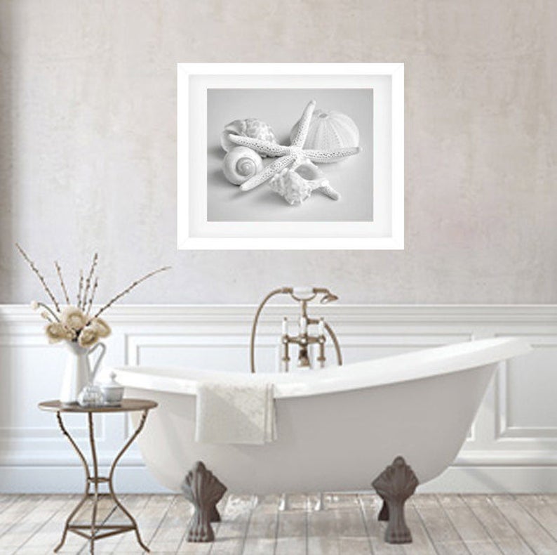 Pale Grey Bathroom Wall Art Sea Shells Art Print Starfish Etsy