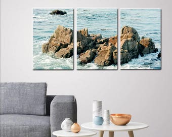 3 piece wall art, 3 panel wall art extra large wall art beach split tryptic wall art canvas nautical wall art Monterey rock, aqua blue brown