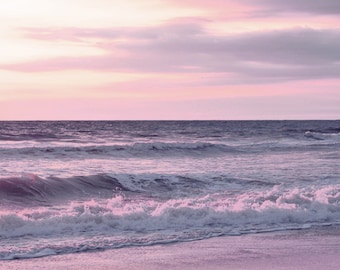 Lavender beach art, pink sunset photo print, large ocean photography, beach bedroom print, baby girl room decor, seascape lavender wall art