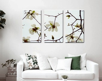 3 piece wall art, 3 panel wall art, white flower magnolia, bedroom wall decor over the bed floral canvas split, extra large versized art