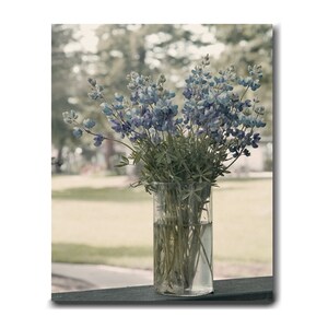 Shabby chic rustic farm house decor country floral wall art, large art print canvas bluebonnet flower, bathroom bedroom vertical stilll life