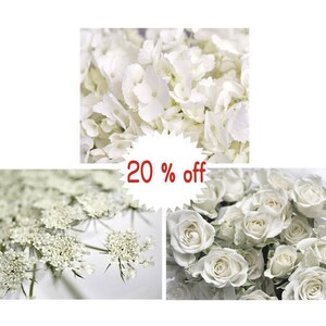 May include: Three close-up images of white flowers. The first image shows a cluster of white hydrangeas. The second image shows a cluster of white Queen Anne's Lace. The third image shows a cluster of white roses. The text "20% off" is superimposed on the images.