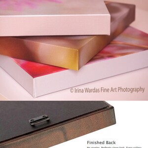 May include: Close-up of the back of a canvas print. The print is wrapped around a sturdy black backing board. The back of the canvas is stapled to the board. The print has hanging hardware pre-installed. The text "Irina Wardas Fine Art Photography" is printed on the back of the canvas.