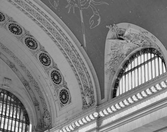 Grand Central station terminal celestial ceiling window photography, black and white New York architecture print, living room office decor