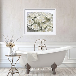 White roses photography, white rose print, shabby chic wall decor, white flowers floral bathroom bedroom wall art, large photograph canvas image 3