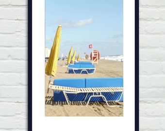 Virginia Beach Summer scene, coastal wall art, beach umbrellas chairs photo or canvas, colorful beach decor, blue yellow seashore vertical