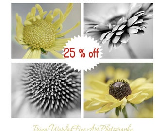 Grey yellow wall art flower photography set, 4 11x14, 8x10 modern botanical prints, yellow grey decor, nursery floral pictures bathroom art