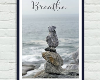 Zen decor, large wall art quote, yoga home spa vertical print, balance rocks stacked beach stones, calm meditation mindful wall art gift