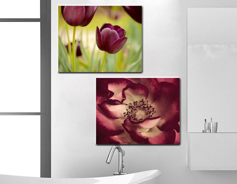 Floral Canvas Wall Art Set, Burgundy Artwork Wall Decor Flower ...