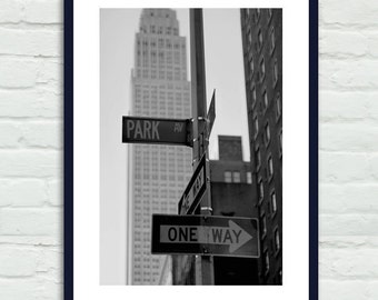 Black and white travel photography, New York City street sign decor, Park Avenue Empire State Building, nyc decor vertical wall art print