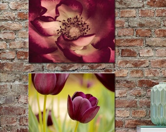 Floral canvas wall art set, burgundy artwork wall decor flower photography, modern canvas print set 2 gallery wraps, dark red mustard green