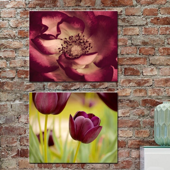 Floral Canvas Wall Art Set Burgundy Artwork Wall Decor Flower Etsy