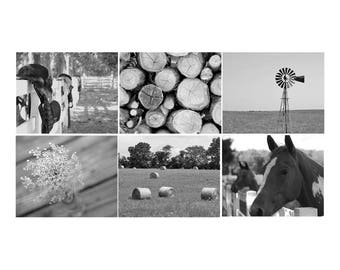Black and white farmhouse decor, country primitive home decor, gallery wall art set of 6 prints rustic farm house wall art photography
