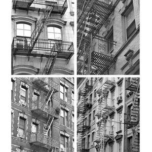May include: A black and white photo collage of four different buildings with fire escapes. The fire escapes are made of metal and have a ladder-like design. The buildings are all brick and have windows.