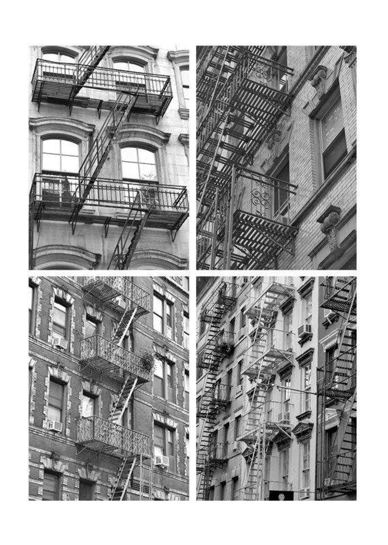 May include: A black and white photo collage of four different buildings with fire escapes. The fire escapes are made of metal and have a ladder-like design. The buildings are all brick and have windows.