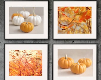 Autumn photography, rustic wall art set of 4 pumpkin fall tree branch pictures, burnt orange grey, kitchen living room decor, hostess gift