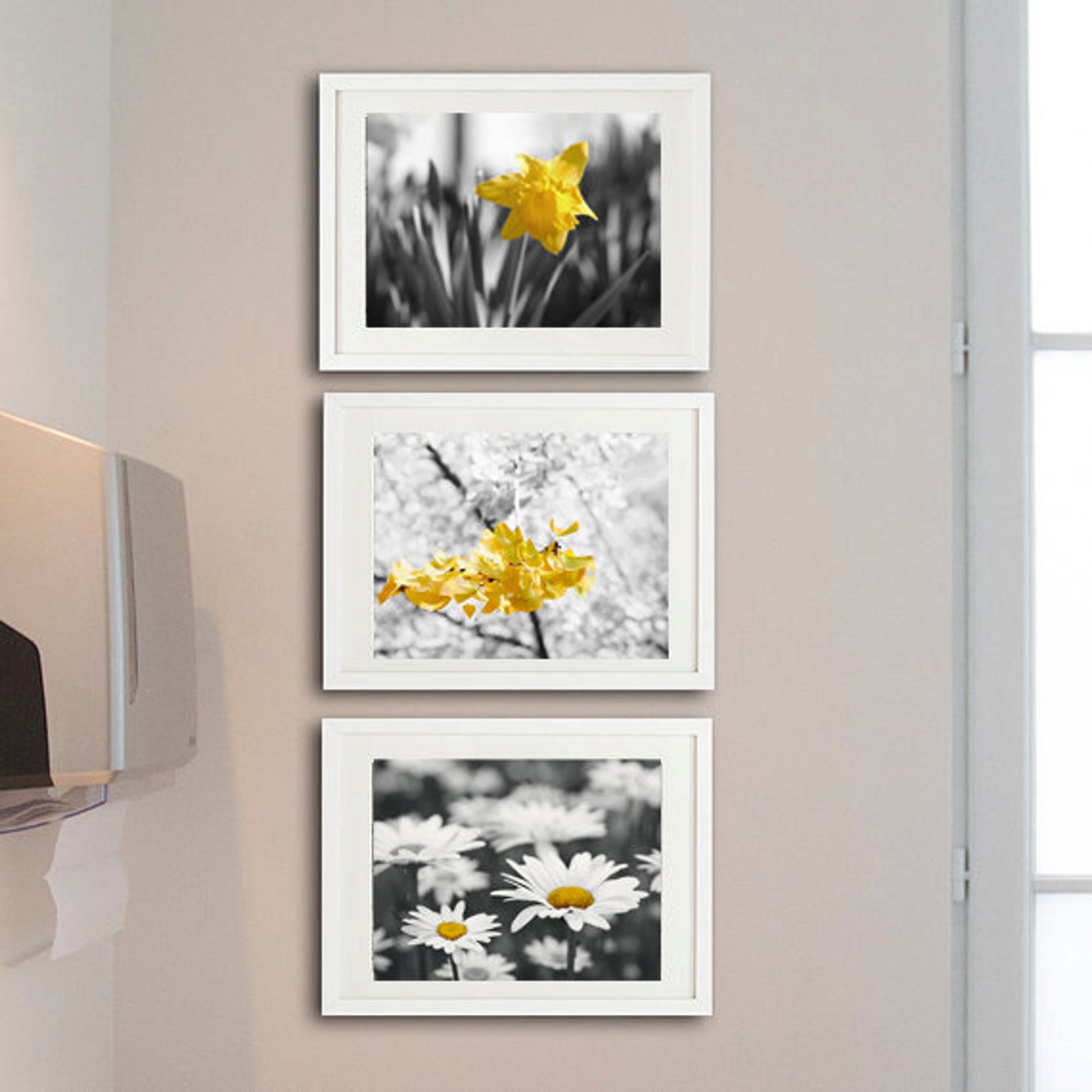 Bathroom Wall Decor, Grey Yellow Wall Art Set Set of 3 Prints, Nursery Floral Wall Art, Modern ...
