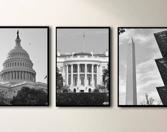 DC art architectural prints, Washington DC black and white photography set of 3 pictures, US Capitol, White House, Monument, sale set