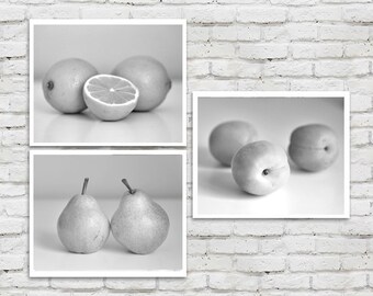 Dining room prints, kitchen wall decor black and white fruit photography kitchen art prints set of 3 grey kitchen pictures, pear lemon photo