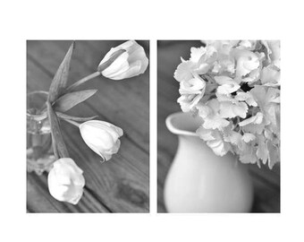 Black and white photography floral shabby chic prints, grey white flower wall art set of 2 prints, powder room bathroom pictures, vertical