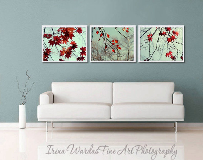 maroon red leaves pictures living room nature decor Mint and red gallery wall Maple tree branch art photography set 3 11x14 photo prints
