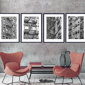 Black and white prints New York decor city apartment building fire escape, NY photos, set of 4 pictures nyc wall art prints 11x14, vertical