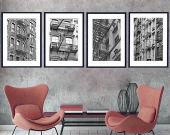 Black and white prints New York decor city apartment building fire escape, NY photos, set of 4 pictures nyc wall art prints 11x14, vertical