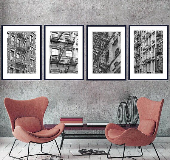 Black and white prints New York decor city apartment building fire escape, NY photos, set of 4 pictures nyc wall art prints 11x14, vertical
