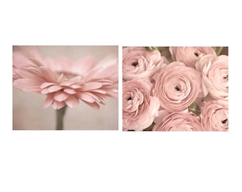 Floral photo prints set of 2 pastel blush pale pink flowers, gifts for women, teen girl wall art, powder room bathroom bedroom decor picture